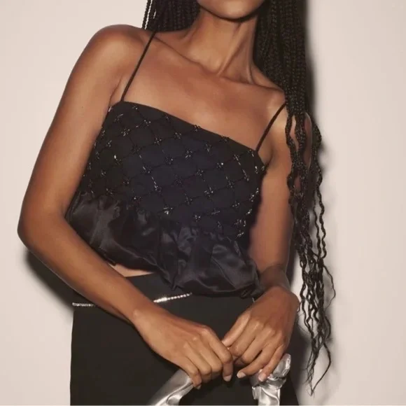 NWT Anthropologie Black Beaded Satin Crop Top Medium - Picture 1 of 8